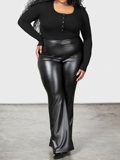 Introducing our Plus Size High Waist Wide-Leg Trousers â€?the epitome of style and comfort for every season!Material: Crafted from high-quality Faux Leather. these trousers exude sophistication and luxury while being environmentally conscious.Style and Fit: Embrace the loose and relaxed fit that's perfect for casual outings or dressing up for special occasions. The wide-leg design adds a touch of elegance to your ensemble. making you stand out in the crowd.Color and Size: Available in classic Bl Leather Flare Pants, Pants Custom, Black Wide Leg Trousers, Pu Fabric, Chic Blouses, Casual Tee, Cozy Sweaters, Wide Leg Trousers, Black Faux Leather