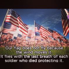 an image of american flags in the grass with a caption that reads, our flag does not fly because the wind moves it flies with the last breath of each soldier who did protecting it