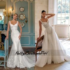 two beautiful women in wedding dresses standing next to each other