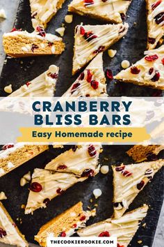 cranberry blissbars with white frosting on top and the words easy homemade recipe