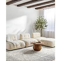 a living room with white couches and a tree in the corner on the rug