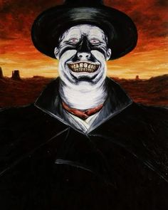 a painting of a creepy clown wearing a top hat and black coat with red eyes