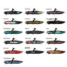 the different types of surfboards are shown in this graphic style, and each one has its own name on it