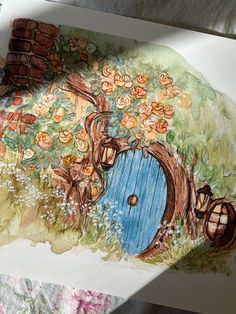 a drawing of a blue door in the grass with flowers on it and a brick wall