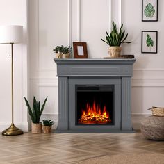 a living room with a fireplace and potted plants