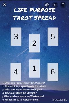 a poster with numbers and the words life purpose tarot - spread on it's side