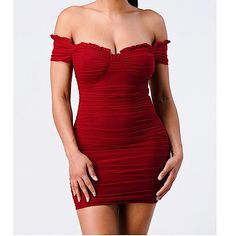 Women’s Burgundy Bodycon Mini Dress. Brand New W/Tags Size: Small Scrunched Style. Includes Back Zipper . Runched Off The Shoulder Measurements: Pit To Pit: 14” Shoulder To Hem: 31” 95%Nylon 5%Spandex & Stretchy Final Sale/ No Returns Red Stretch Ruched Bodycon Dress, Ruched Bodycon Dress For Date Night, Red Ruched Off-shoulder Mini Dress, Red Fitted Mini Dress With Ruffles, Red Off-shoulder Ruched Mini Dress, Red Ruched Stretch Mini Dress, Stretch Red Mini Dress With Ruffles, Red Ruched Bodycon Dress In Flirty Style, Red Ruched Bodycon Dress With Flirty Style