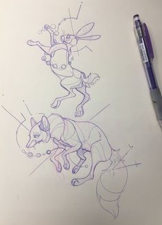 a pencil drawing of two cartoon animals on paper