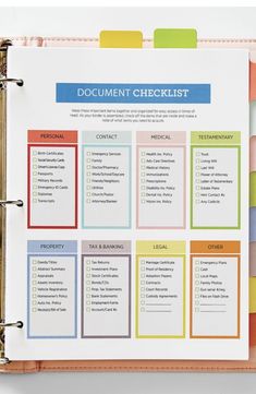 a binder that is open to a document checklist