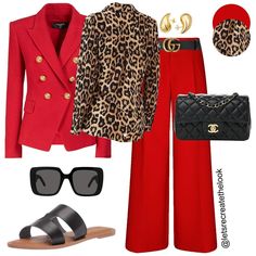 Preppy Corporate Outfits, Red Cardigan Outfit 2024, Red And Leopard Outfit, Red Shirt Outfit Ideas, Leopard Print Blouse Outfit, Leopard Print Shirt Outfit, Leopard Print Top Outfit, Leopard Top Outfit, Printed Top Outfit