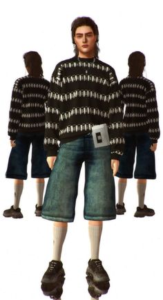 a man standing in front of three identical people wearing black and white sweaters, jeans and shoes