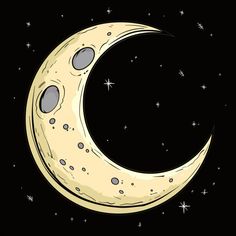 a drawing of a crescent moon with stars in the background