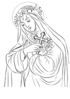 a drawing of the virgin mary holding a cross