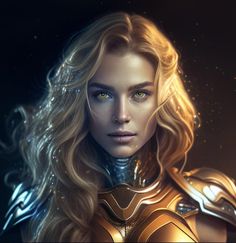 a woman dressed in armor with long blonde hair and blue eyes is staring at the camera