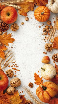 an autumn background with pumpkins, nuts and leaves