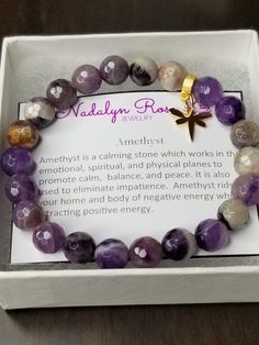 "Handmade Amethyst Beaded Bracelet, with 8mm beads, comes in a gift box with the stone meaning. Amethyst is a calming stone which works in the emotional, spiritual and physical planes to promote calm, balance, and peace. It is also used to eliminate impatience. Amethyst rids your home and body of negative energy while attracting positive energy. Available in the following sizes: 6.5\" Small 7\" Medium (most women) 7.5\" Large 8\" Extra Large Handmade Bracelet has been beaded with care and made w Spiritual Gemstone Charm Bracelet With Round Beads, Spiritual Charm Bracelet With Gemstone Round Beads, Amethyst 8mm Beads Jewelry Gift, Amethyst Gemstone Beaded Bracelets For Gift, Amethyst Gemstone Beads Bracelets As Gift, Amethyst Gemstone Beaded Bracelets As Gift, Amethyst Gemstone Beaded Bracelet Gift, Gift Amethyst Gemstone Beaded Bracelets, Purple Amethyst Charm Bracelet For Gift