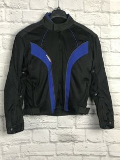 Protector Blue Black Riding Racing Motorcycle Jacket Scotchlite 3m Padding M B2. Condition is Pre-owned. Shipped with USPS Priority Mail. Hard padding down back and both upper arms/elbows Very good condition. Has some very minor snags, and the back top of the collar is a bit discolored. like all used clothing should be washed for your own satisfaction prior to wearing Armpit to armpit: 22” Length from back of neck to hem: 27.5” ------------------------------- Standard footer Shipping is expensiv Blue Moto Outerwear With Long Sleeves, Blue Moto Biker Jacket For Streetwear, Blue Winter Motorcycle Outerwear, Black Racing Outerwear For Sports, Blue Long Sleeve Biker Jacket For Motorcycling, Blue Winter Motorcycling Outerwear, Blue Biker Jacket For Motorcycling, Blue Moto Outerwear For Motorcycling, Blue Biker Jacket With Zipper Closure