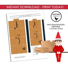 an elf is holding a cardboard box with the amazon print today logo on it, and there are instructions for how to use them