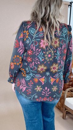 Release your playful side with our All For Boho Floral Blouse! This boho top features a flirty boho floral detail and flowy fit. The fit is ultra feminine and sweet. Perfect for adding a touch of fun to any outfit. Boho Floral top Fall bouse Curvy Floral details throughout V neckline Slight stretch Cuffed sleeve Measurements/Sizing: (Approximate. Measured lying flat.) **Slight stretch in material. 1XL- Bust 48" Length 29 1/2" 2XL- Bust 54" Length 29" 3XL- Bust 58" Length 30" Model Specs: Syd is wearing a size 1Xl in the photo.How will this item fit you? Check out our MODEL SPECS (Typical Sizing - Karli: S-Size 5/26 - 5ft 2in, Emily: S-Size 3/25 - 5ft 5in, Syd: L/XL- Size 15/ - 5ft 8in)Need help with sizing? No problem! Join our VIP group on Facebook, Everyday Chic Boutique VIP Insiders to Bride Top, Outfit Boho, Ultra Feminine, Cuffed Sleeve, Vip Group, Exclusive Dress, Everyday Chic, Boho Top, Chic Boutique