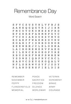 the remembrance day word search is shown in black and white