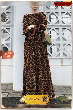 Leopard Print Long Sleeve Crew Neck Maxi Dress Leopard Print Long Sleeve Midi Dress For Fall, Fall Leopard Print Long Sleeve Midi Dress, Fall Long Sleeve Leopard Print Midi Dress, Maxi Dress For Day Out In Fall, Casual Leopard Print Maxi Dress For Fall, Long Sleeve Leopard Print Maxi Dress For Spring, Leopard Print Maxi Dress For Fall Party, Chic Non-stretch Maxi Dress For Fall, Chic Leopard Print Dresses For Winter