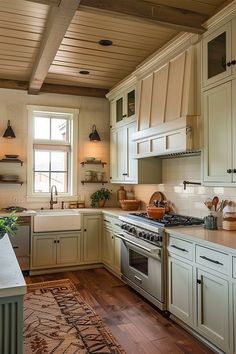 a kitchen with wooden floors and white cabinets, an area rug and potted plants on the counter