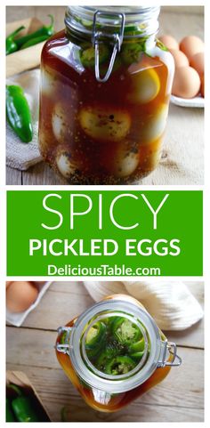 pickled eggs in a jar with the words spicy pickled eggs on top and below