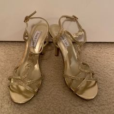 Never Worn Strappy, Glittery, Gold Heels! They Are About 2” Tall! Gold Vintage Heels, Gold Quince Shoes, Gold Glitter Sandals For Prom, Gold Shimmer Heels For Prom, Gold Sparkling Holiday Heels, Gold Glitter Ankle Strap Heels, Holiday Gold Heels With Glitter Accents, Gold Holiday Heels With Glitter Accents, Gold Glitter Holiday Heels