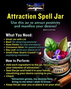 an advertisement for attraction spell jar with flowers in it and instructions on how to use it