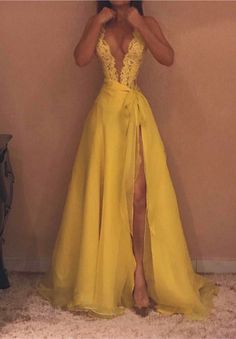 newarrivaldress.com custom made Sexy Yellow Straps Deep V-neck Evening Gown | Front Split Evening Gown 2023 Prom Dresses Yellow, V-neck Gown With Sheer Bodice For Party, Wedding Evening Dress With Sweep Train And Split, Wedding Dresses With Sweep Train And Split Shape, Wedding Maxi Dress With Sweep Train And Split, Prom Maxi Dress With Lace Bodice And V-neck, Yellow V-neck Maxi Dress For Wedding, V-neck Maxi Dress With Sheer Bodice For Wedding, Fitted V-neck Maxi Dress With Sheer Bodice