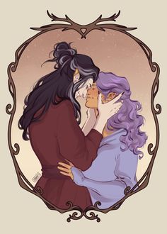 two women with purple hair are kissing each other in an ornate frame on a beige background