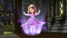 a cartoon character in a purple dress standing on top of a castle with her arms outstretched