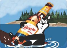 a cartoon bear riding on top of a beer bottle in the water