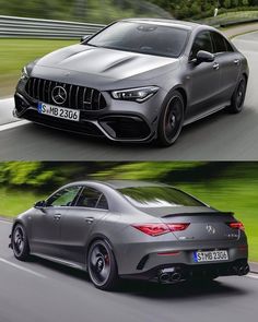 two different views of the mercedes cla coupe driving on a road with trees in the background