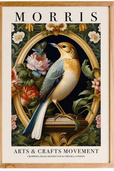 a painting of a bird sitting on top of a wooden frame with flowers around it