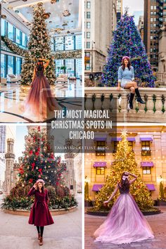 the most magical christmas spots in chicago, usa with pictures of people dressed up and posing