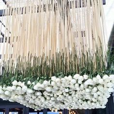 white flowers hanging from the ceiling in front of a building