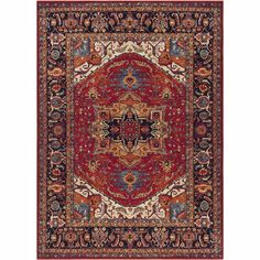 a red and blue rug with an ornate design