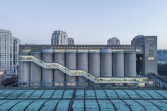 an industrial building in the middle of a city