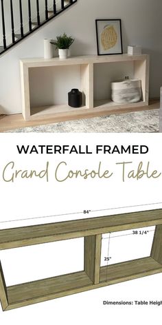 the diy console table is made from wood and has two shelves with drawers on each side