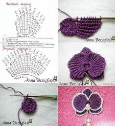 crocheted flowers are shown in four different pictures, each with the same stitch