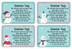 four snowman soup cards with instructions for each individual to use in the winter season