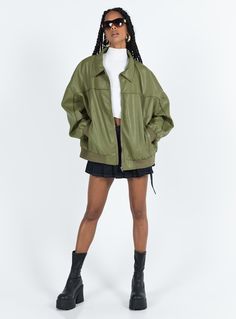 Goldsmith Faux Leather Bomber Jacket Green Festival Jacket, Shiny Pants, Pastel Outfit, Outerwear Outfit, Coat Outfits, Oversized Jacket, Loungewear Sets, Casual Tank Tops, Outerwear Sweater