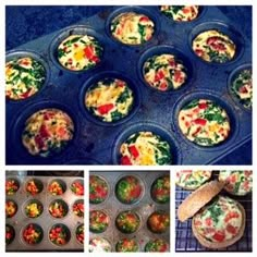 there are many different pictures of food in the muffin tins