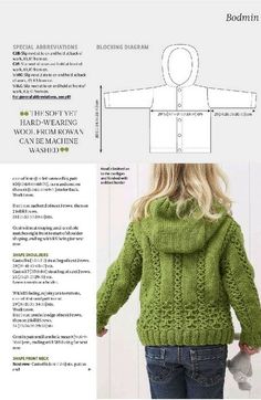 a woman's sweater with hood and sleeves in the knitting book, featuring instructions to knit