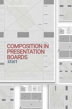 the cover for composition in presentation boards is shown with four different layouts and three separate sections