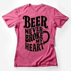 This fun and catchy 'Beer Never Broke My Heart' t-shirt is perfect for beer lovers everywhere. Made from comfortable materials, this black tee with bold white and red lettering is a casual yet striking statement piece. It's an ideal gift for anyone who enjoys a cold brew and a good time. This shirt is available in various sizes and is suitable for all genders. Custom graphic T-Shirt.Customize your color Funny Valentine's Day Tops With Letter Print, Funny Letter Print Tops For Valentine's Day, Funny Graphic Print T-shirt For Valentine's Day, Funny Crew Neck Tops For Valentine's Day, Pink Heart-shaped Graphic Print T-shirt, Valentine's Day Slogan Crew Neck Top, Valentine's Day Graphic Tee With Slogan, Valentine's Day Slogan Top With Crew Neck, Pink Crew Neck T-shirt For Valentine's Day