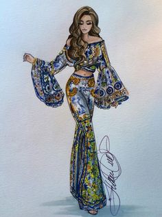 a drawing of a woman in a blue and yellow dress with her hands on her hips