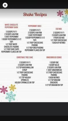 a menu for shake recipes with snowflakes on the side and text below it