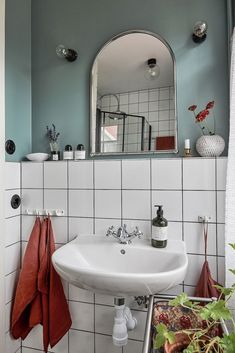 a white sink sitting under a bathroom mirror next to a potted plant in front of it